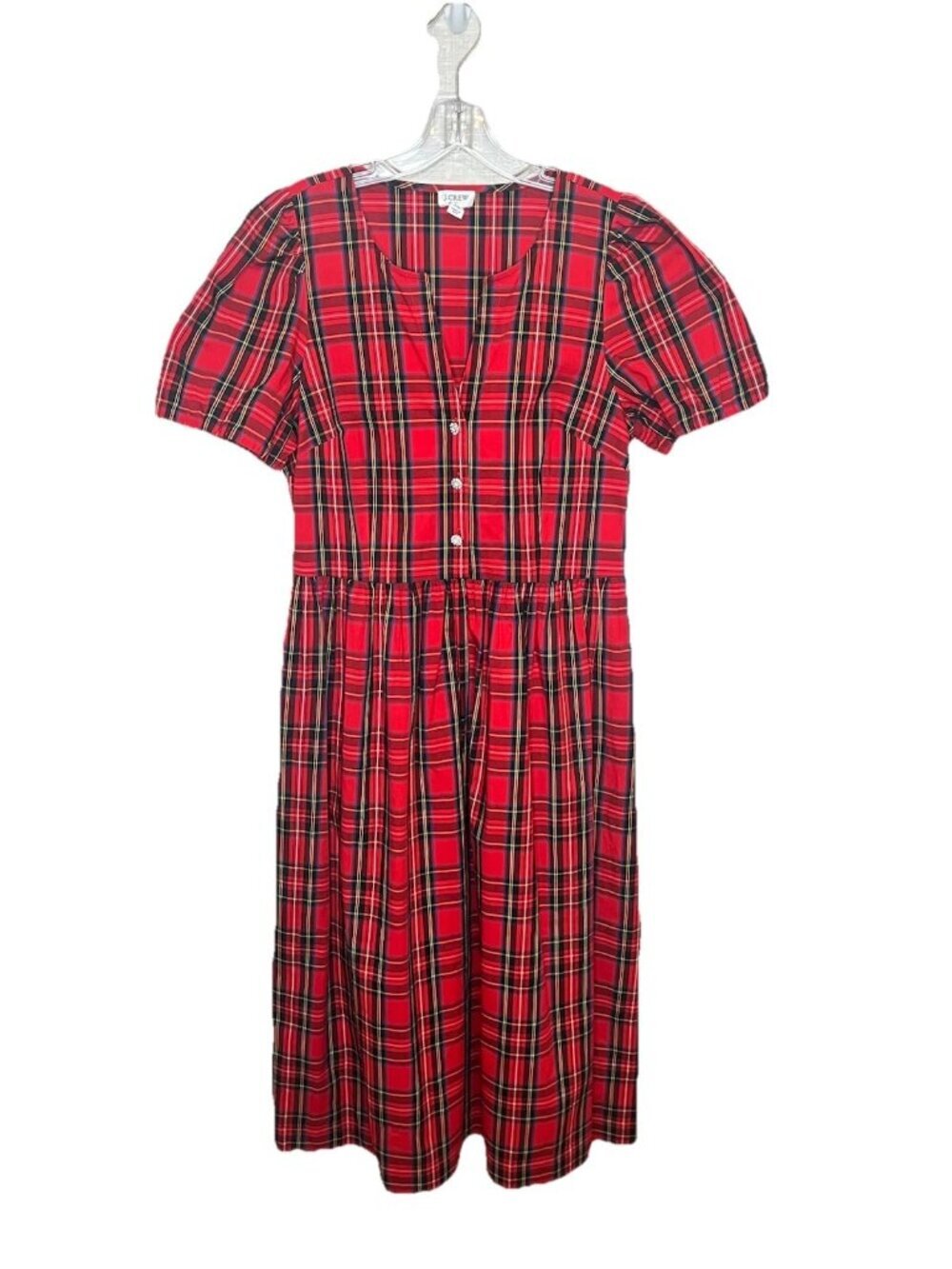 J Crew Sz 10 Stewart Tartan Plaid Midi Dress Puff Sleeve Button Cotton Preppy
